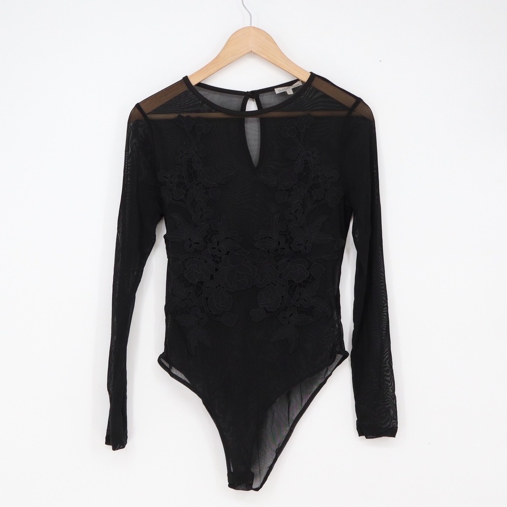 Charlotte Russe Bodysuit Womens M Black Floral Mesh Sheer Excellent